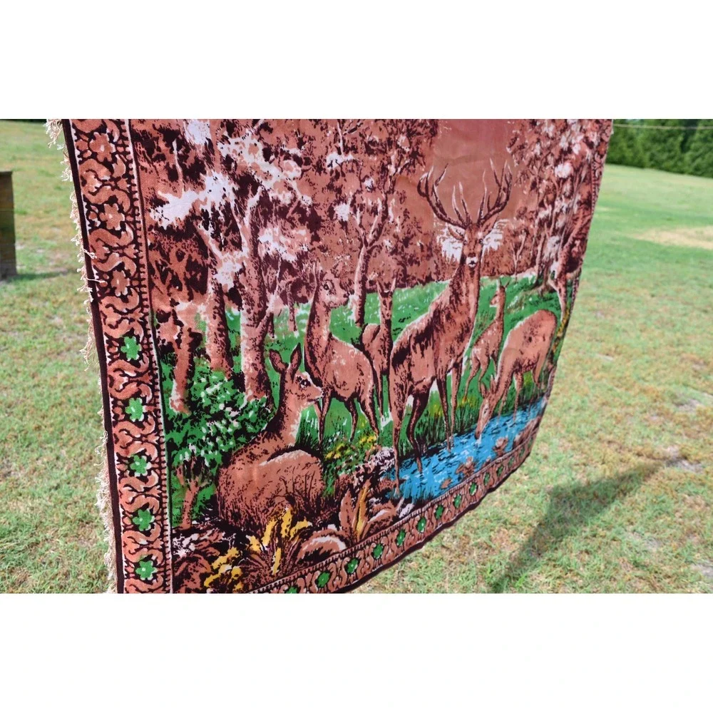 Vintage Deer Velvet Tapestry Wall Hanging Mid Century Modern MCM Brown 69x48.5
